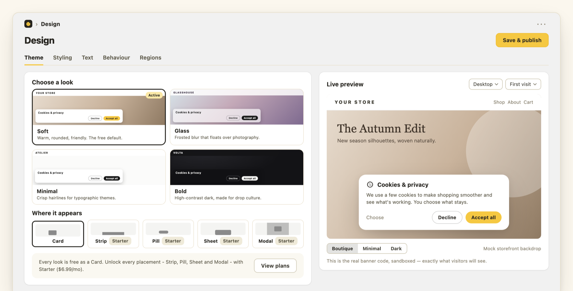 Heaps Good Design page: four banner looks to choose from, placement options, and a live preview of the banner on a mock storefront.